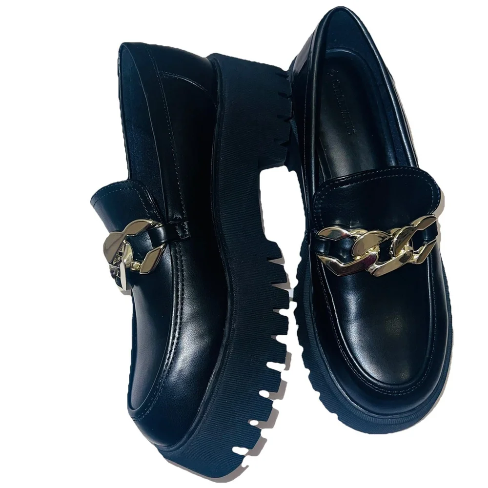 Stradivarius Chunky Lug Sole Loafers Black Gold Chain Platform EU 39/ US 8.5 - Picture 3 of 9